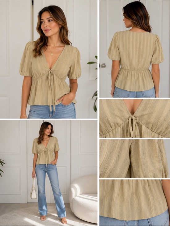 OAK + FORT Tops - Oak + Fort Textured Tie Front Peplum Blouse Puff Sleeve Beige Size Small